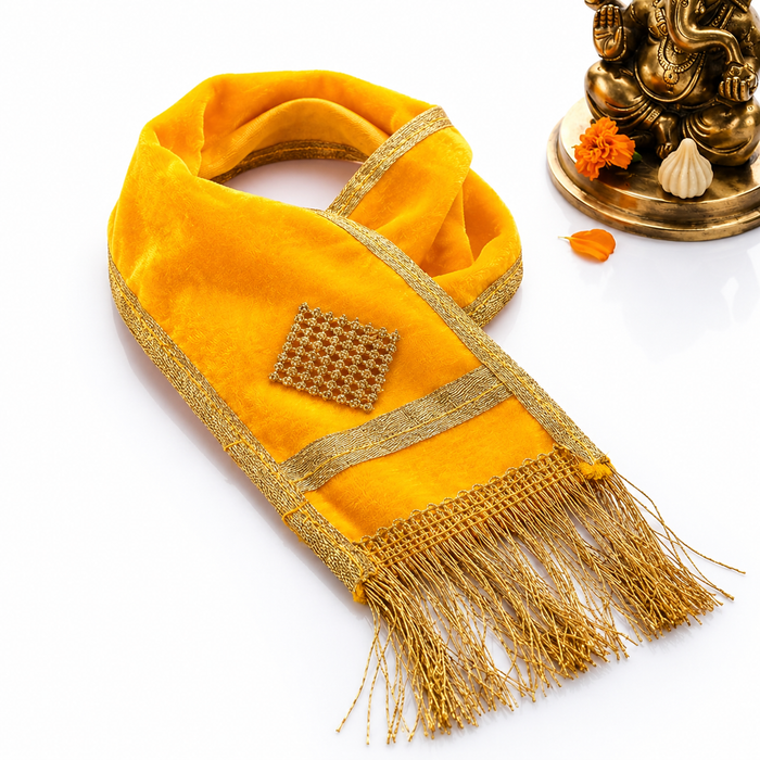 Yellow Velvet Ganpati Idol Patka with Gold Lace - 30 Inch
