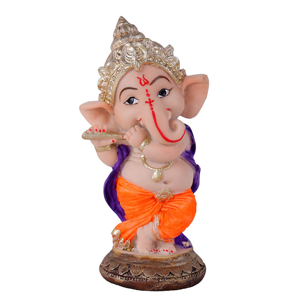 Premium Hand-Painted Playing Flute Resin Ganpati Statue