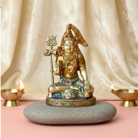 6 Inch Brass Shiv Idol featuring a detailed Divine Lord Shiva statue, perfect for worship, home temple, and spiritual decor. No.1 Brass Idol Store www.satvikstore.in 