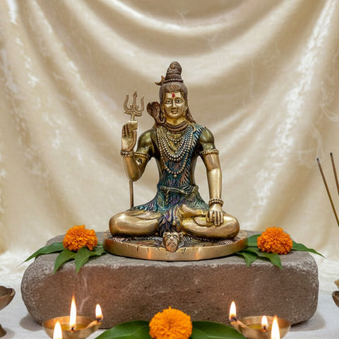 9.4 Inch Divine Brass Shiv Idol featuring Lord Shiva in a majestic seated pose, intricately crafted for home temple or spiritual decor. No.1 Brass Idol Store www.satvikstore.in 
