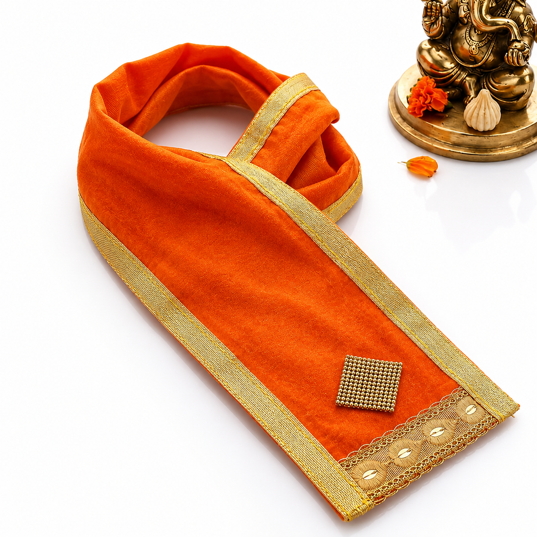 Designer Deity Orange Velvet Ganpati Idol Patka