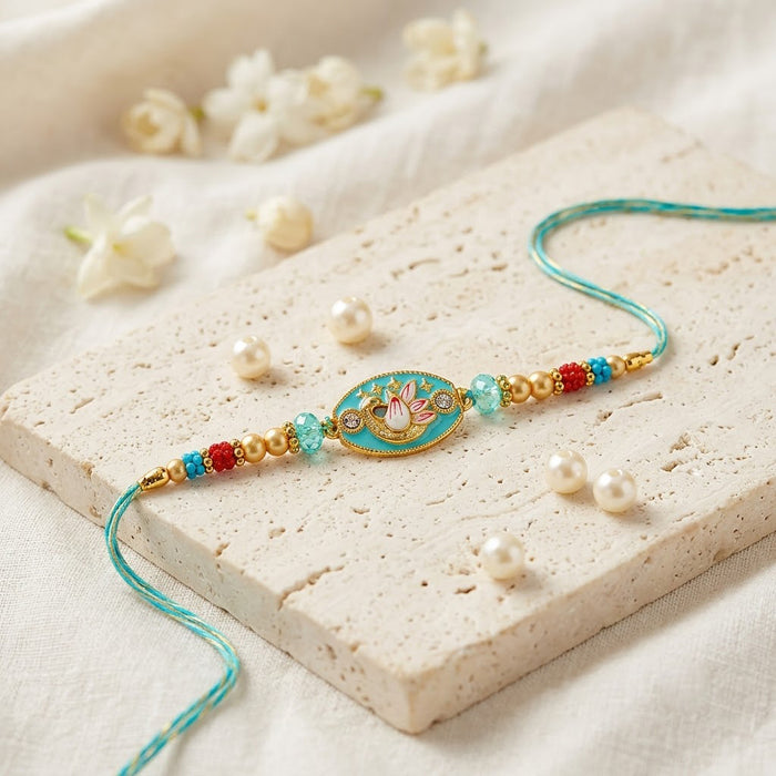 Traditional Turquoise Oval Swan Charm Stone Designer Rakhi