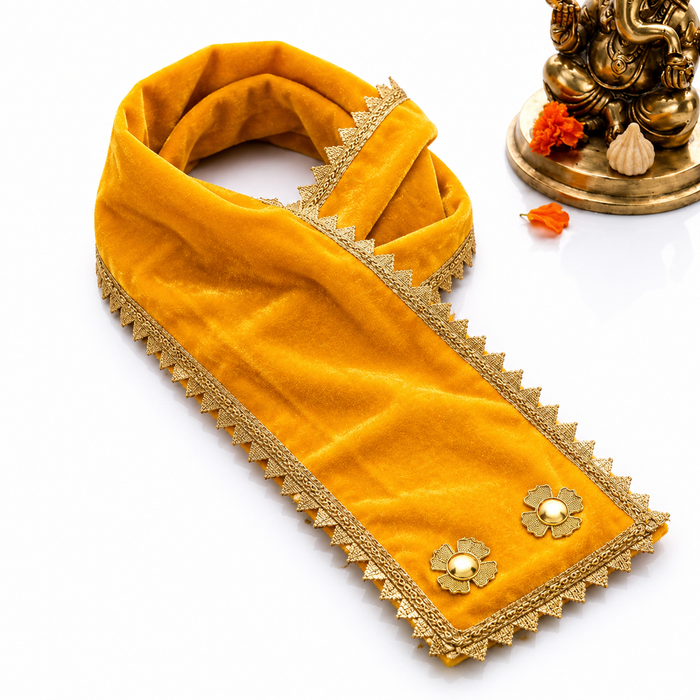 Yellow Velvet Ganpati Idol Patka with Zigzag Lace