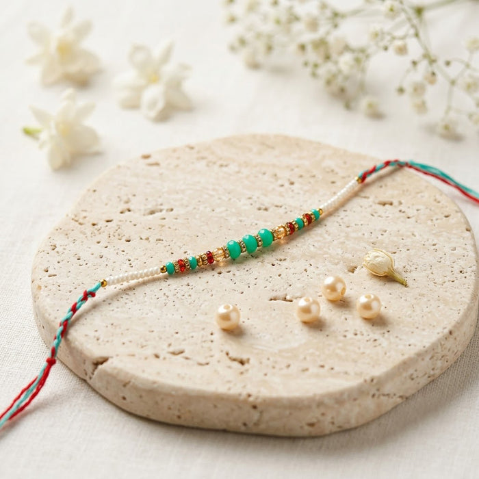 Multicolor Threaded Turquoise and Gold Beaded Designer Rakhi