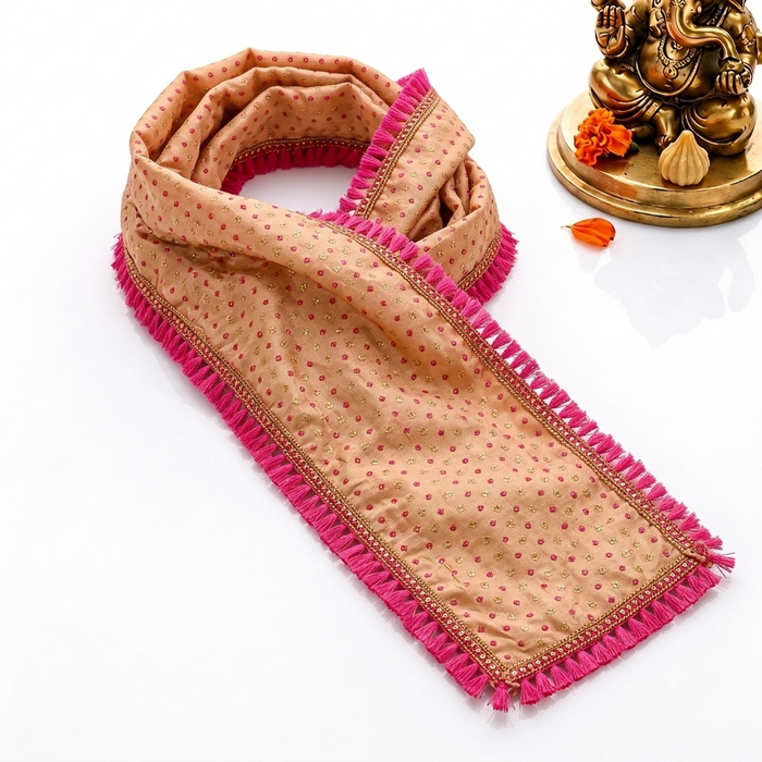 Cream & Pink Printed Ganpati Idol Patka with Fringe - 32 Inch
