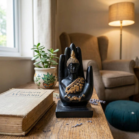 4 Inch Palm Buddha Black & Gold Hand Statue