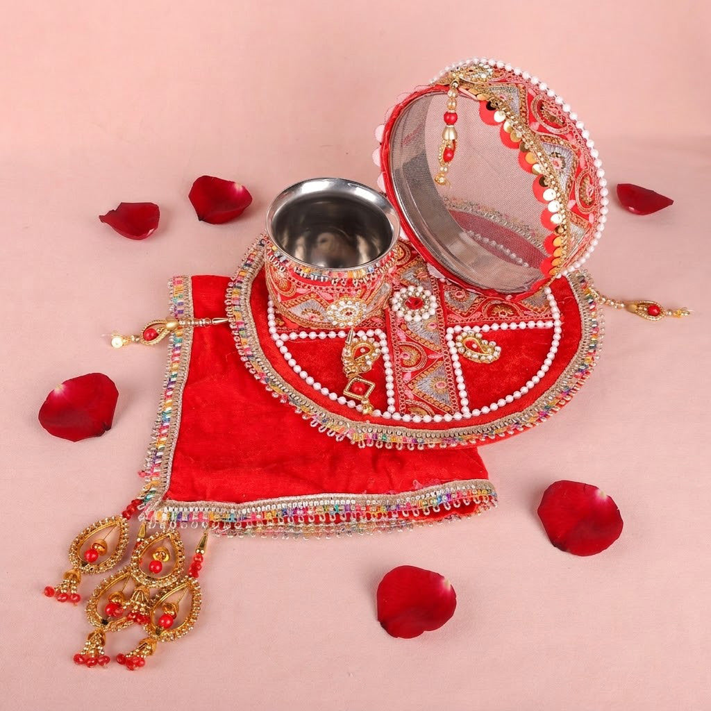 11 Pc Elegant Red Embroidery Karwa Chauth Thali Set