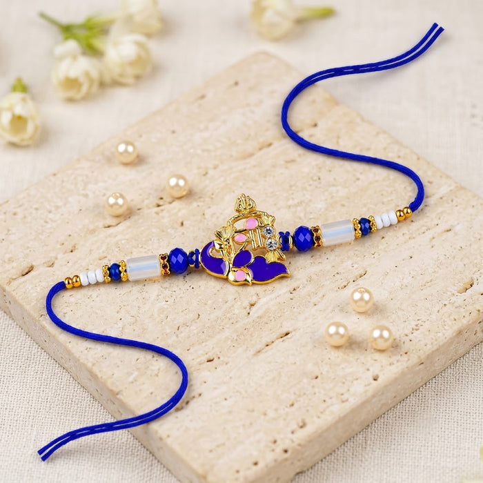 Royal Blue Crystal and Gold Accent Shree Charm Rakhi