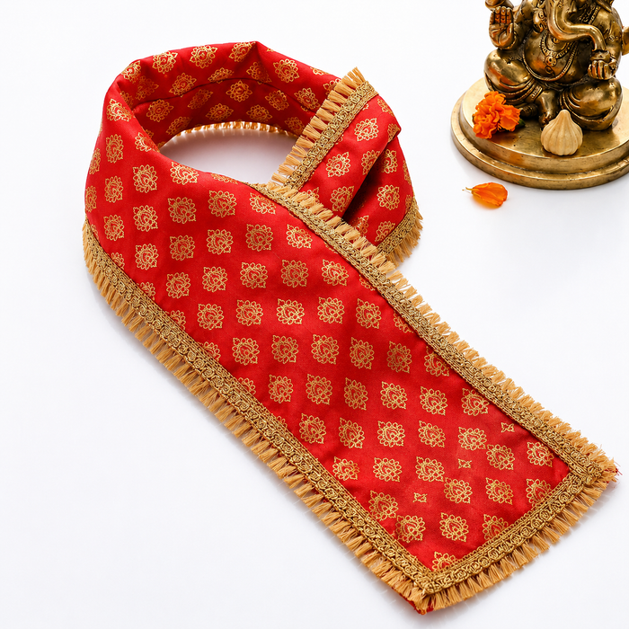 Red Printed Ganpati Idol Patka with Gold Lace and Tassels - 32 Inch