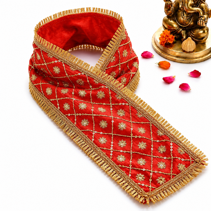 Red & Gold Embroidered Ganpati Idol Patka - 35 Inch