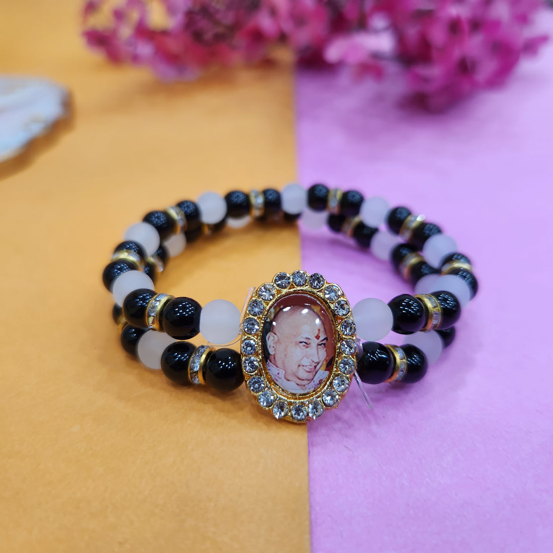 Black And Light Grey Double Band Round Pearl Bracelet with Jai Guruji Swaroop Handmade Bracelets for Men and Women