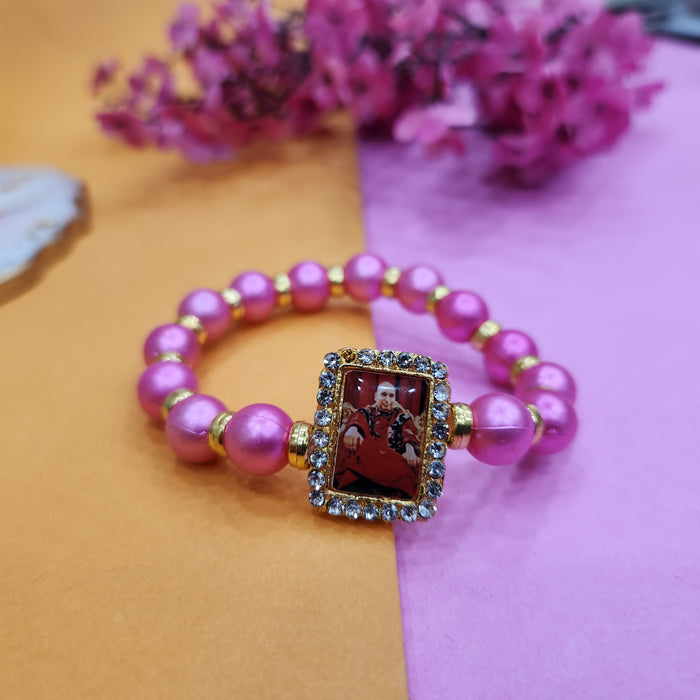 Pink Round Pearl Bracelet with Jai Guruji Swaroop Handmade Bracelets for Men and Women
