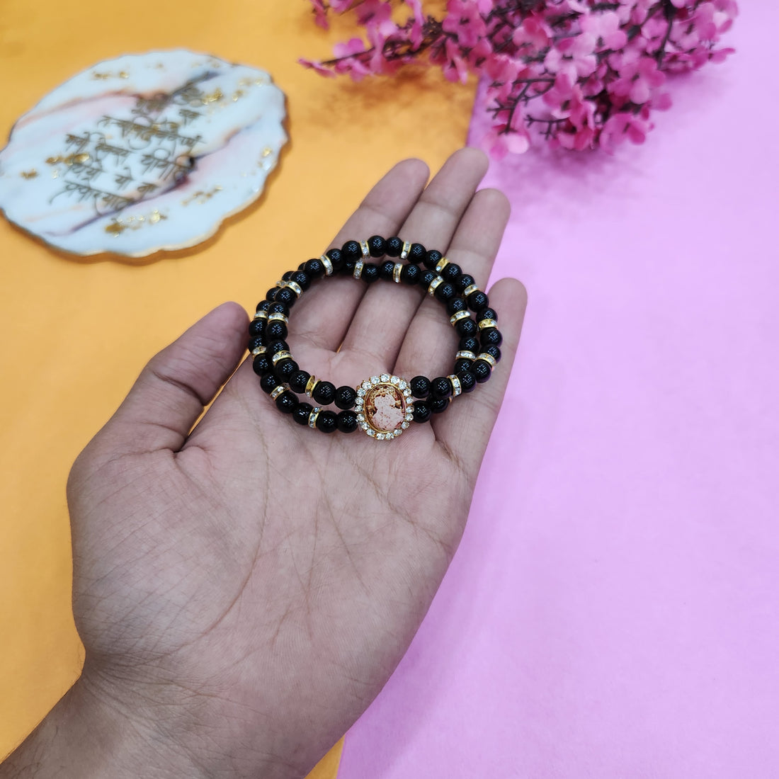 Double Band Round Pearl Bracelet with Jai Guruji Swaroop Handmade Bracelets for Men and Women