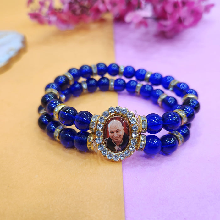 Egyptian Blue Double Band Round Pearl Bracelet with Jai Guruji Swaroop Handmade Bracelets for Men and Women