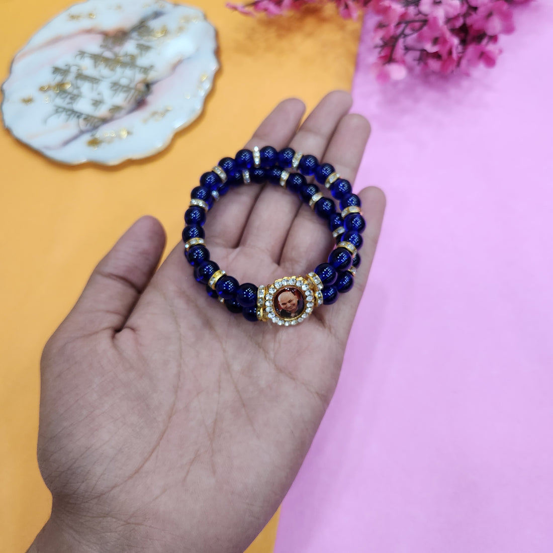 Egyptian Blue Double Band Round Pearl Bracelet with Jai Guruji Swaroop Handmade Bracelets for Men and Women