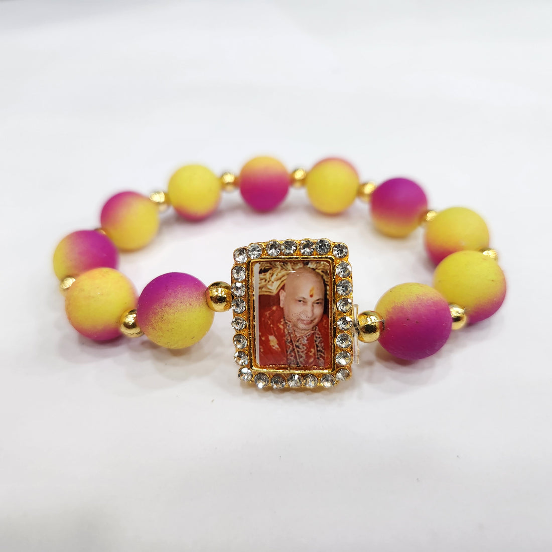 Yellow And Violet Round Pearl Bracelet with Jai Guruji Swaroop Handmade Bracelets for Men and Women