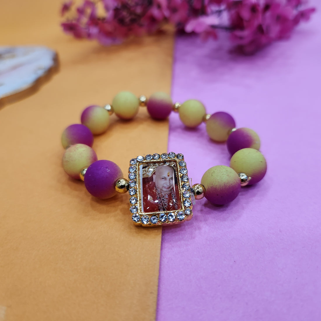Yellow And Violet Round Pearl Bracelet with Jai Guruji Swaroop Handmade Bracelets for Men and Women