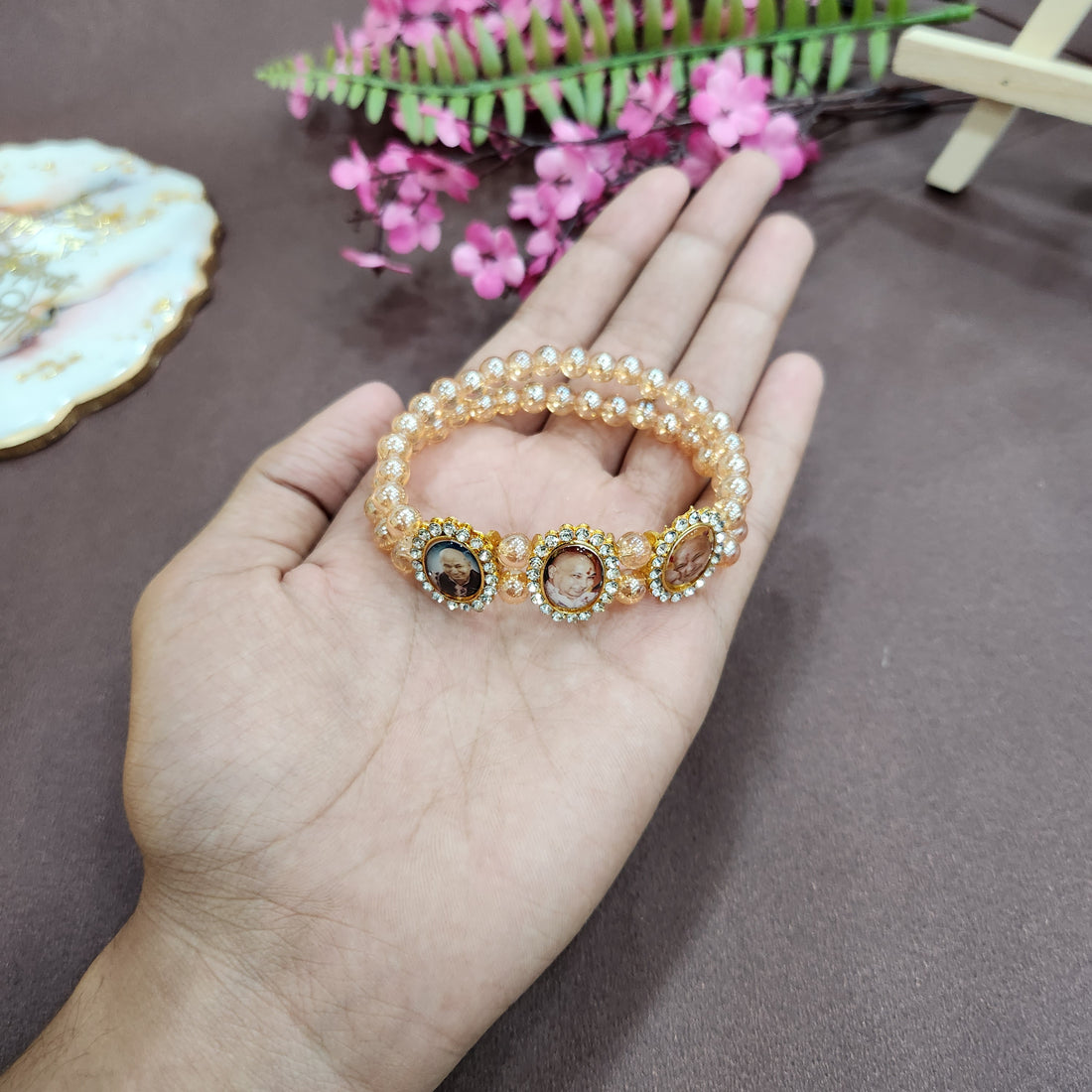 Light Brown Round Pearl Bracelet with Jai Guruji Swaroop Handmade Bracelets for Men and Women
