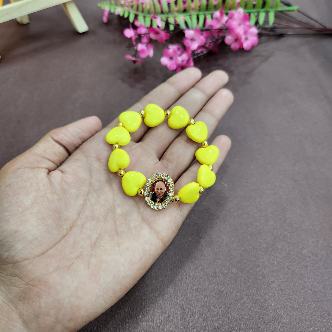 Yellow Heart Shaped Pearl Bracelet with Jai Guruji Swaroop Handmade Bracelets for Men and Women
