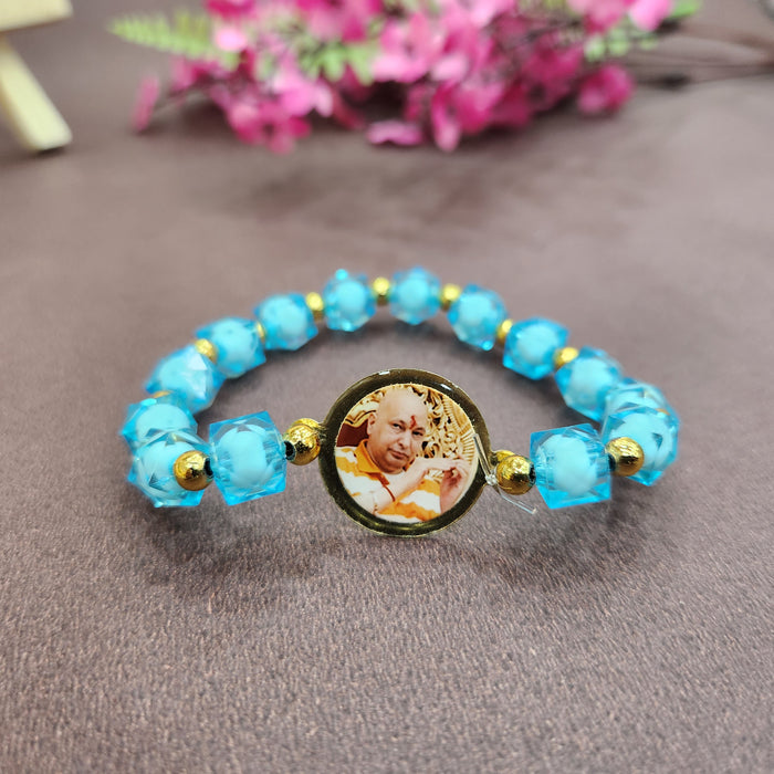 Crystal Blue Crystal Pearl Bracelet with Jai Guruji Swaroop Handmade Bracelets for Men and Women.