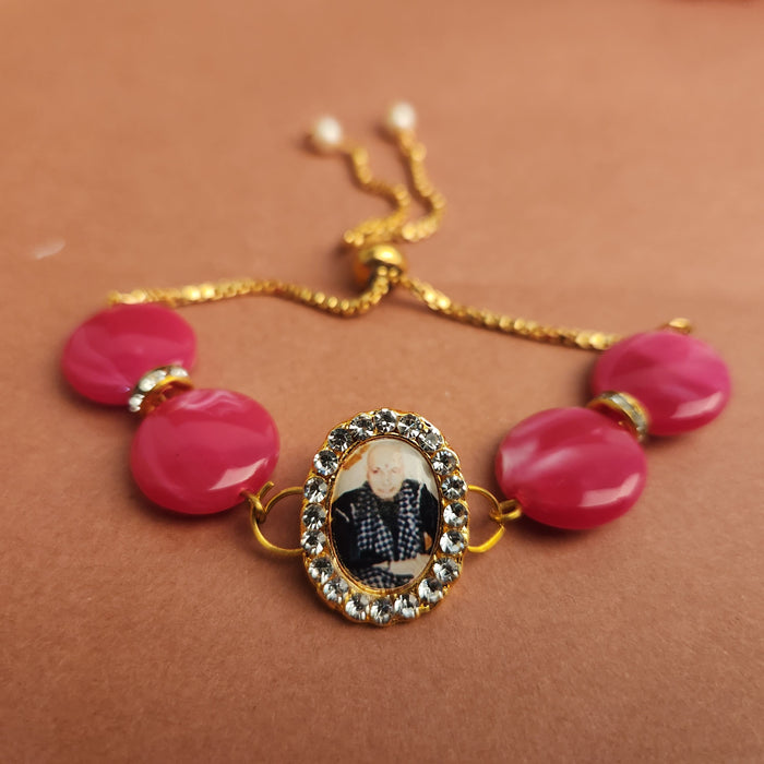 Pink Round Pearl Bracelet with Jai Guruji Swaroop Handmade Bracelets for Women