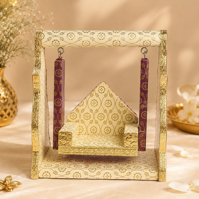 Printed Design Jhula – White & Brown Paper Cradle Swing for Laddu Gopal
