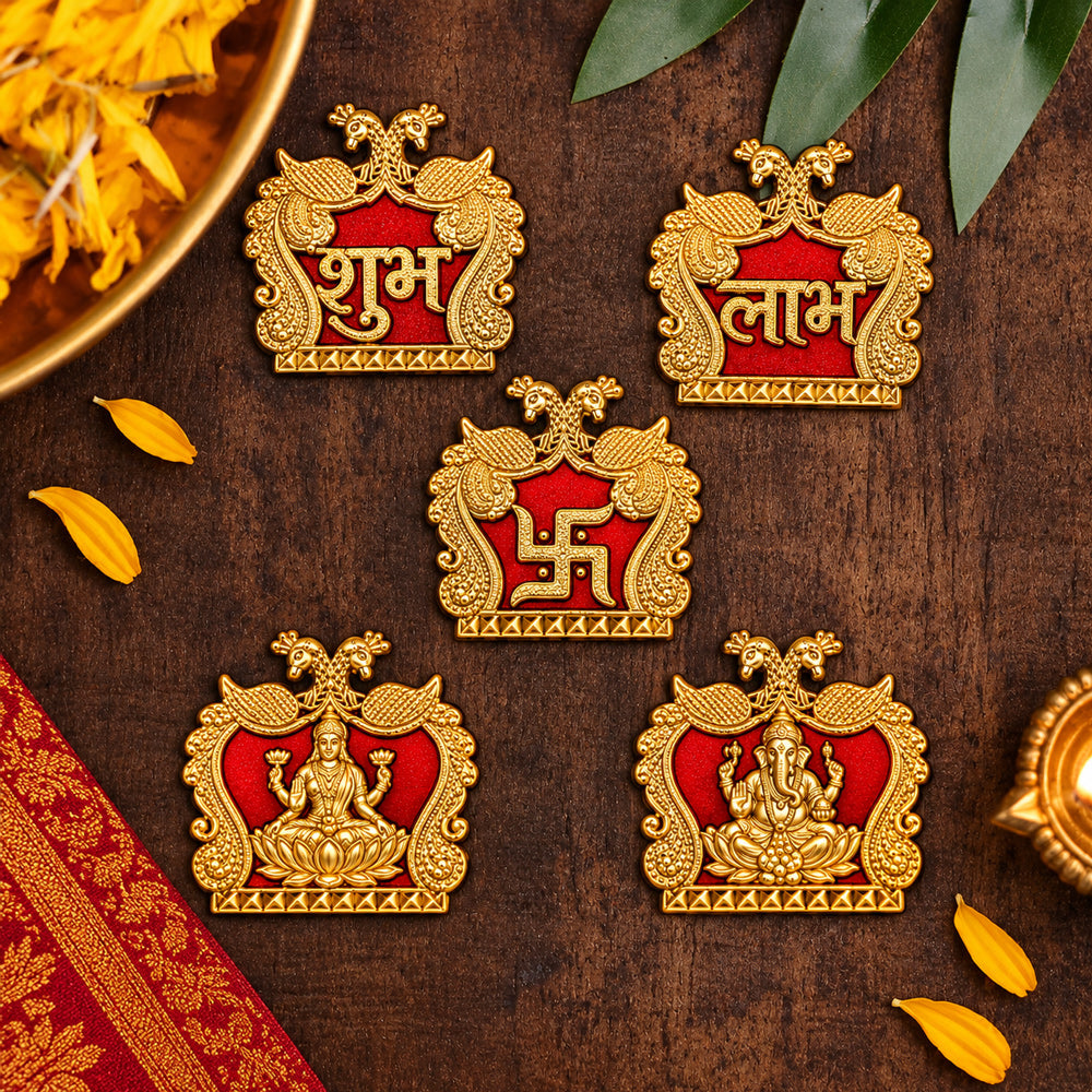 Red & Gold Shubh Labh, Swastik, Laxmi & Ganesh Sticker Set of 5