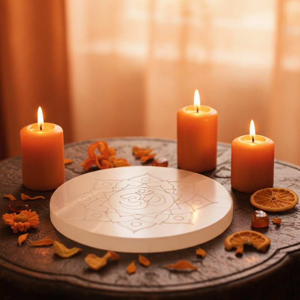 Om Selenite Plate Spiritual Decorative Tool