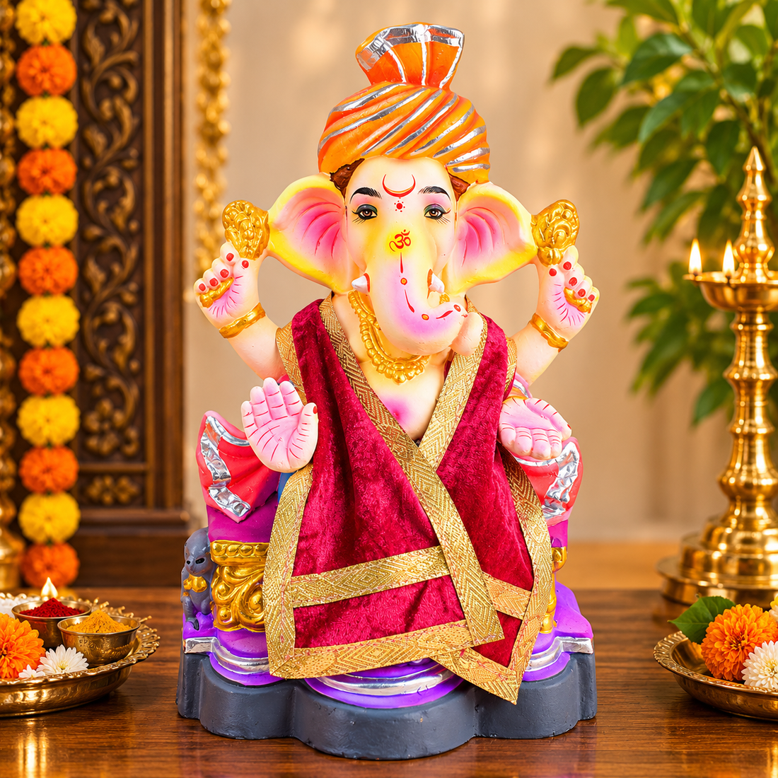 Pink Velvet Ganpati Idol Patka with Classic Gold Border - 22 Inch