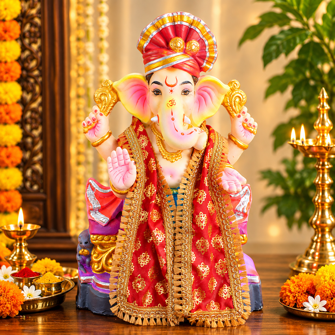 Red Printed Ganpati Idol Patka with Gold Lace and Tassels - 32 Inch