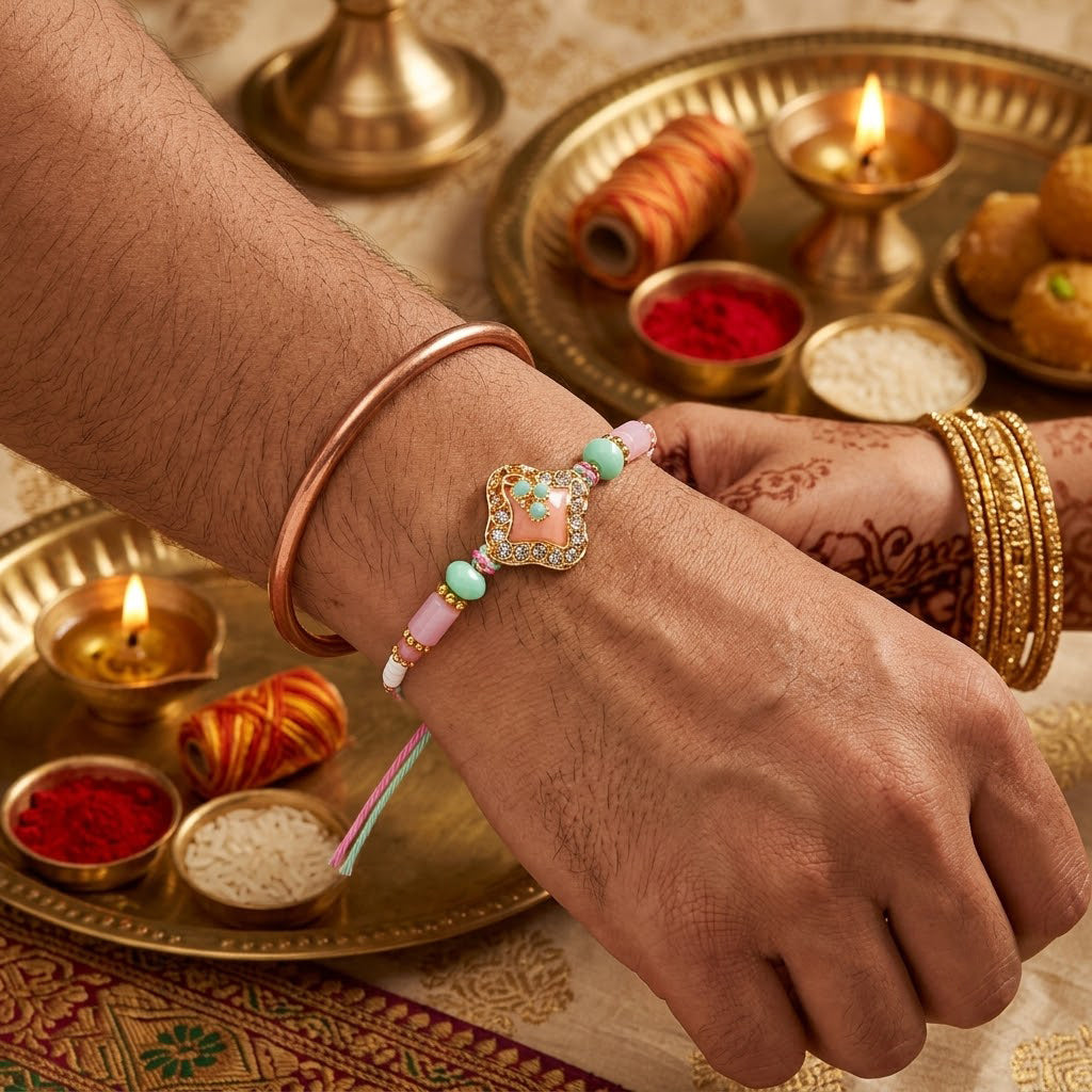 Elegant Pastel Pink and Mint Green Crystal Designer Rakhi