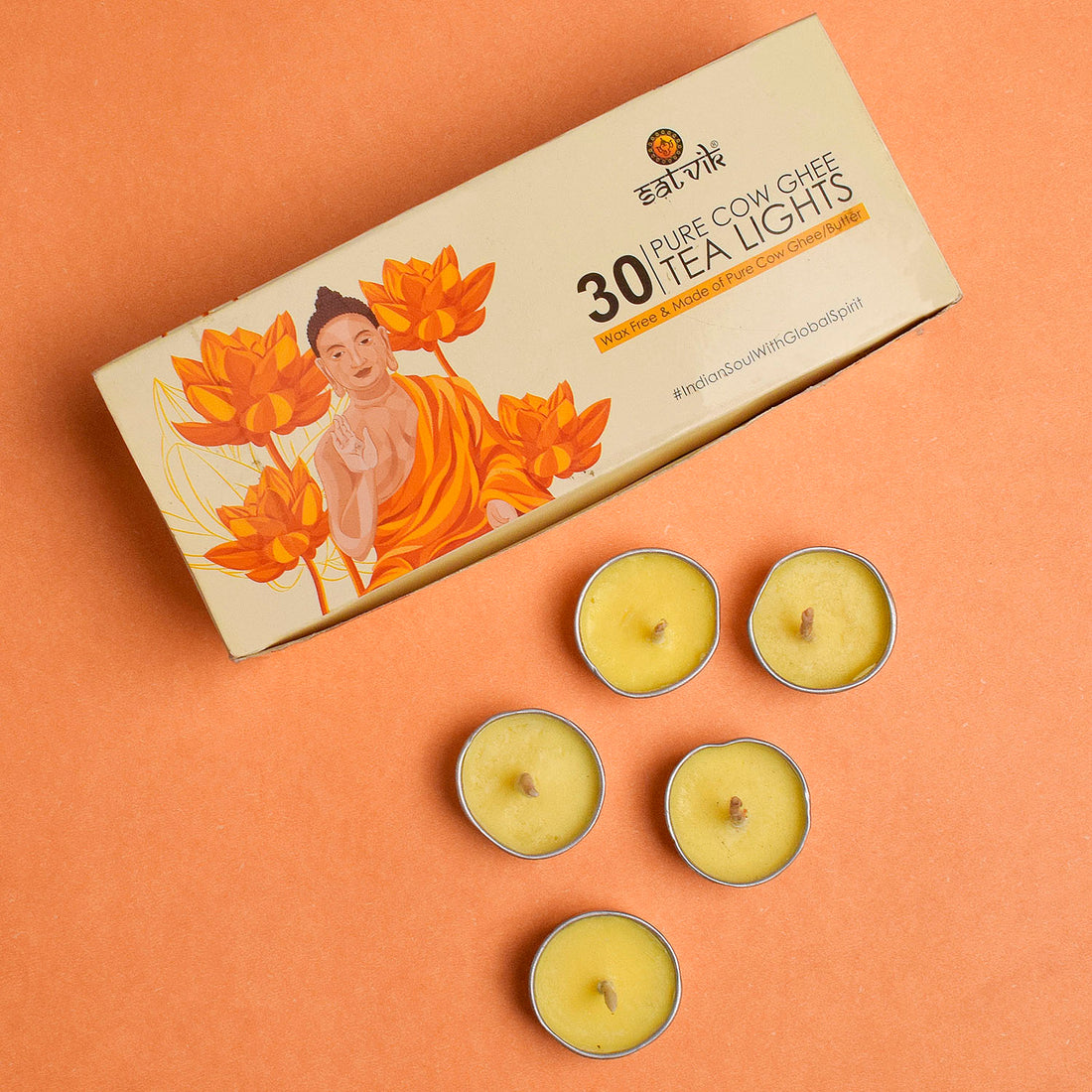 30 Pc Tibetan Buddhist Butter/Pure Cow Ghee Tea Light, crafted with pure ghee for long-lasting, clean illumination during spiritual practices, rituals, and pooja. Eco-friendly and handmade. India’s Largest Pooja Accessories Brand – www.satvikstore.in