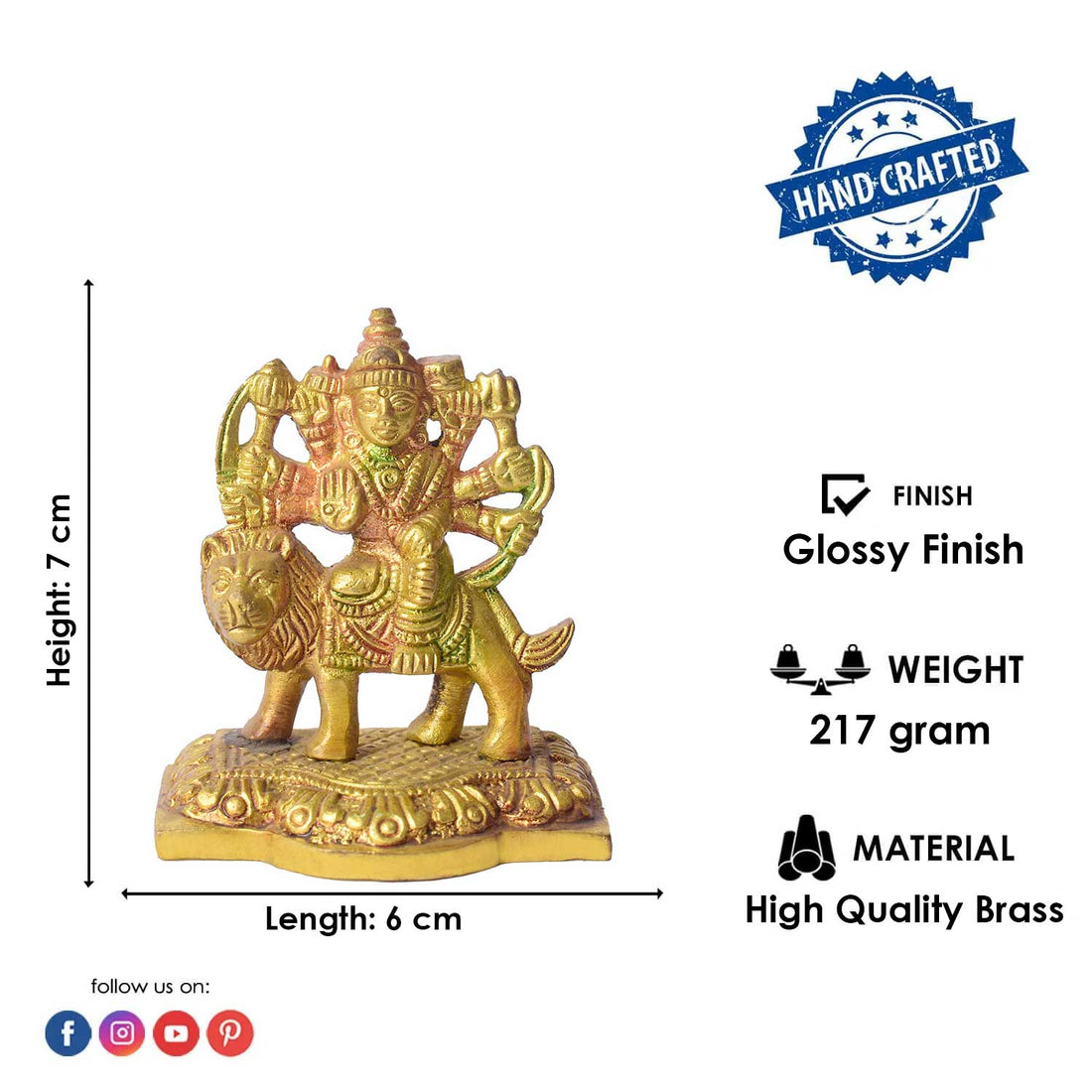 2.8-Inch Colored Brass Sherawali Mata Idol – Divine Blessings for Home & Car