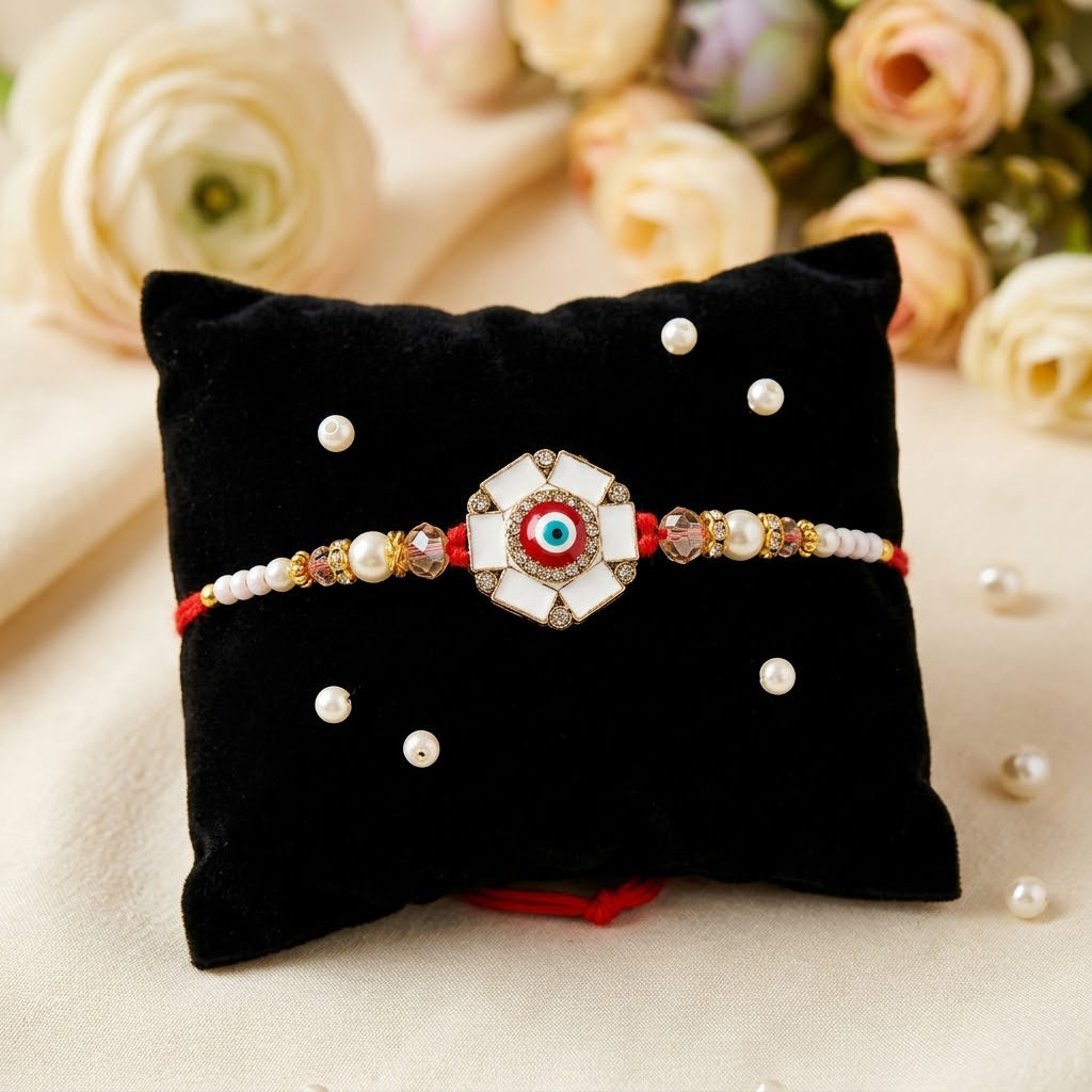 Elegance White Meenakari and Red Evil Eye Designer Rakhi