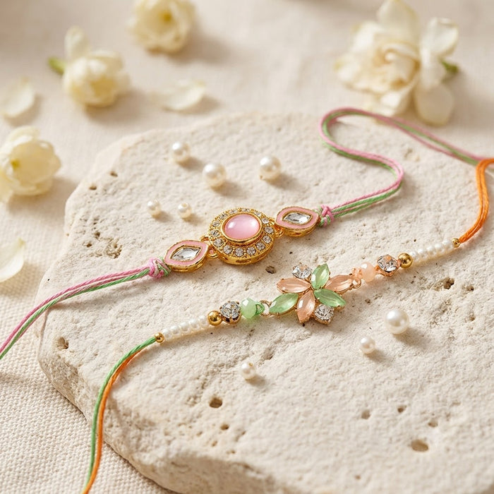 Pastel Pink Oval Stone Floral Cluster Designer Rakhi (Set of 2)