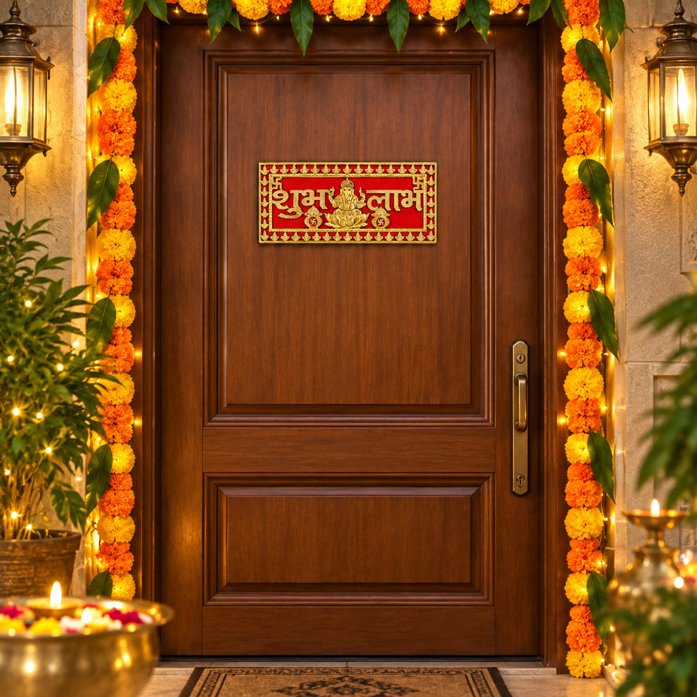 Luxury Gold and Red Finish Sacred Shubh Labh Wall Art Decal