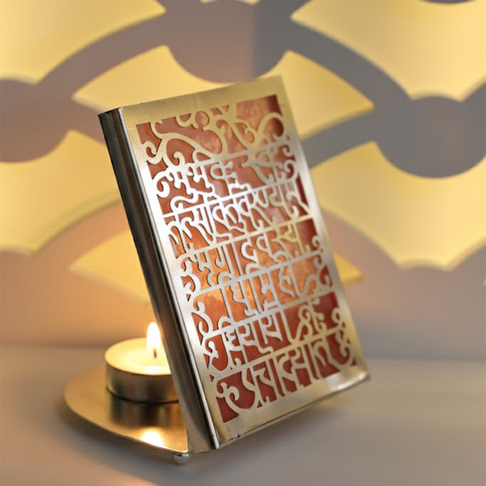 Gayatri Mantra Cut Work Tealight – Silver Plated Pooja Candle Spiritual Use