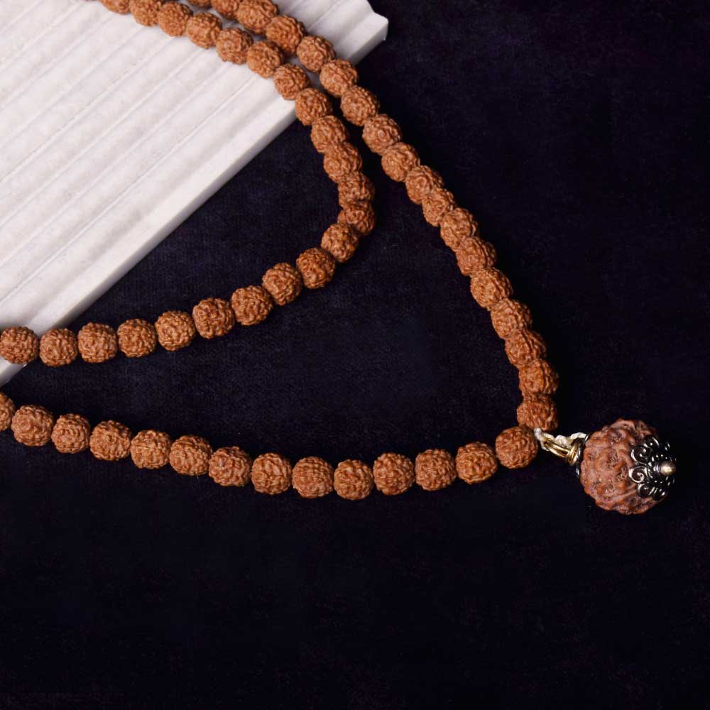 5 Mukhi Rudraksha Mala with Silver-Plated Capping Beads