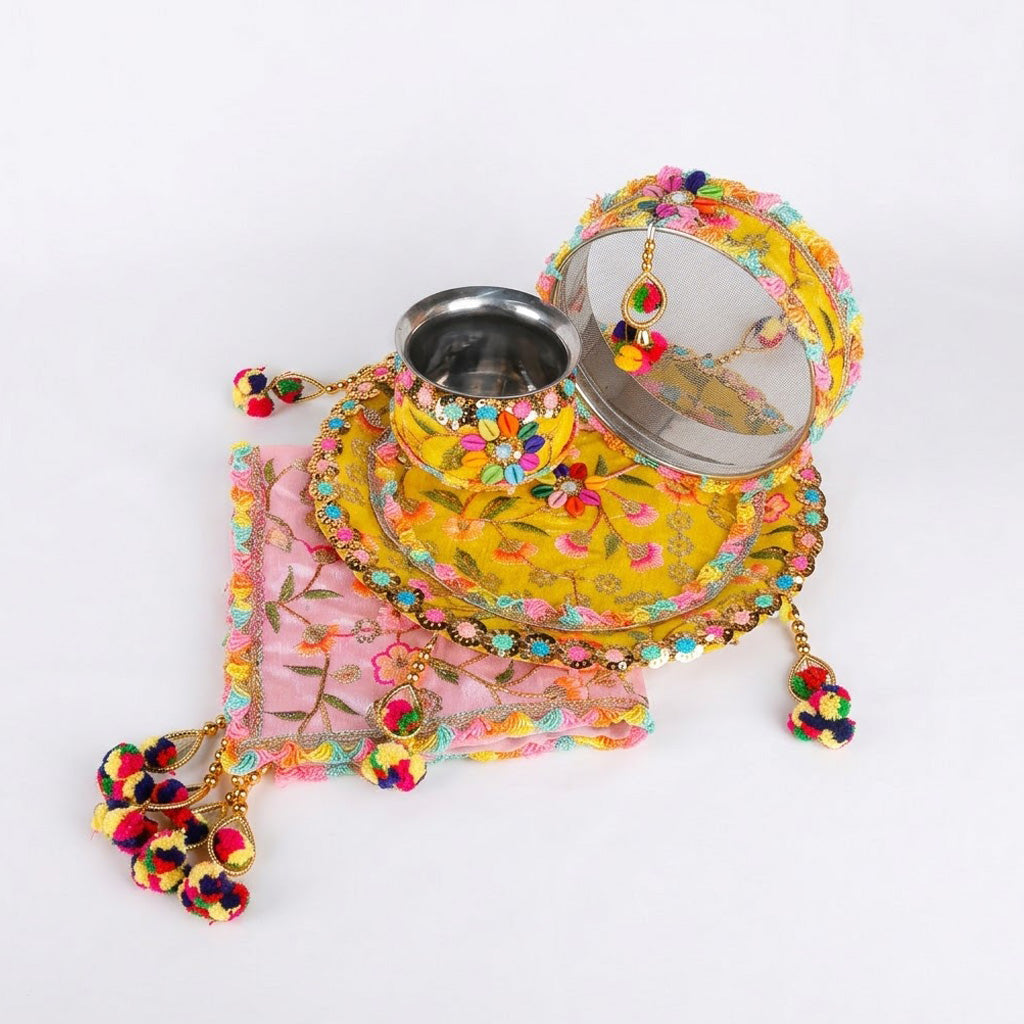 11 Pc Elegant Yellow & Pink Embroidery Karwa Chauth Thali Set