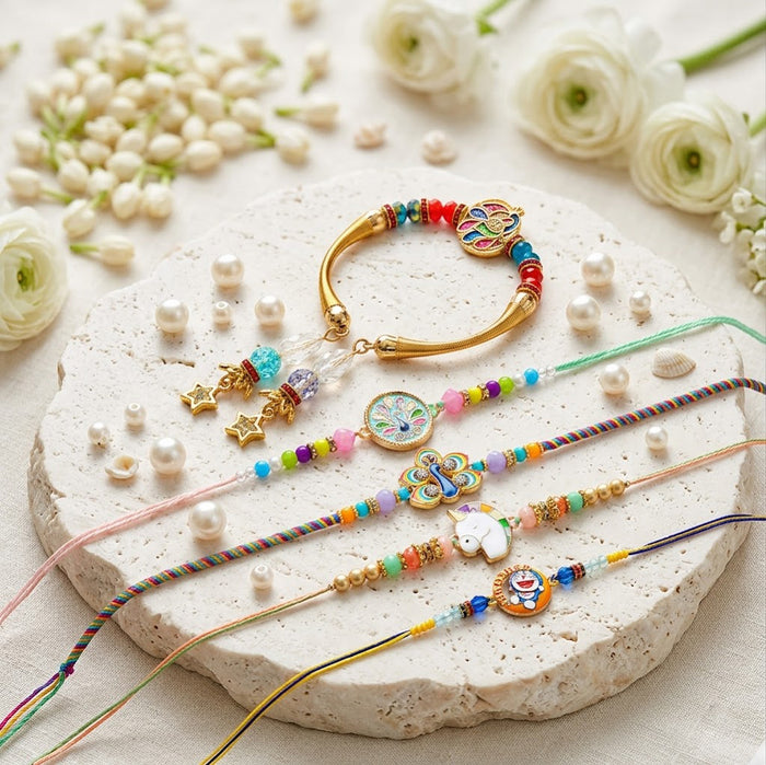 Meenakari Peacock Family Rakhi Pack (Set of 5)