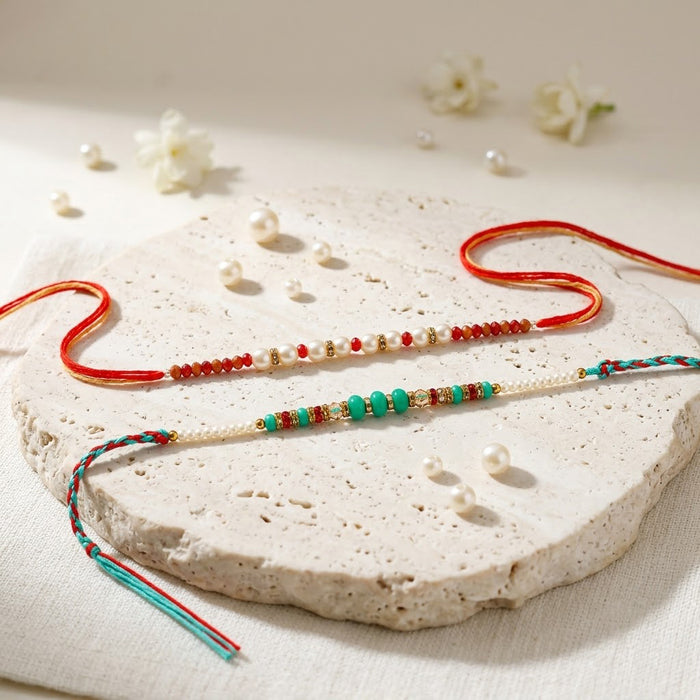 Traditional Pearl and Crystal Beaded Rakhi (Set of 2)
