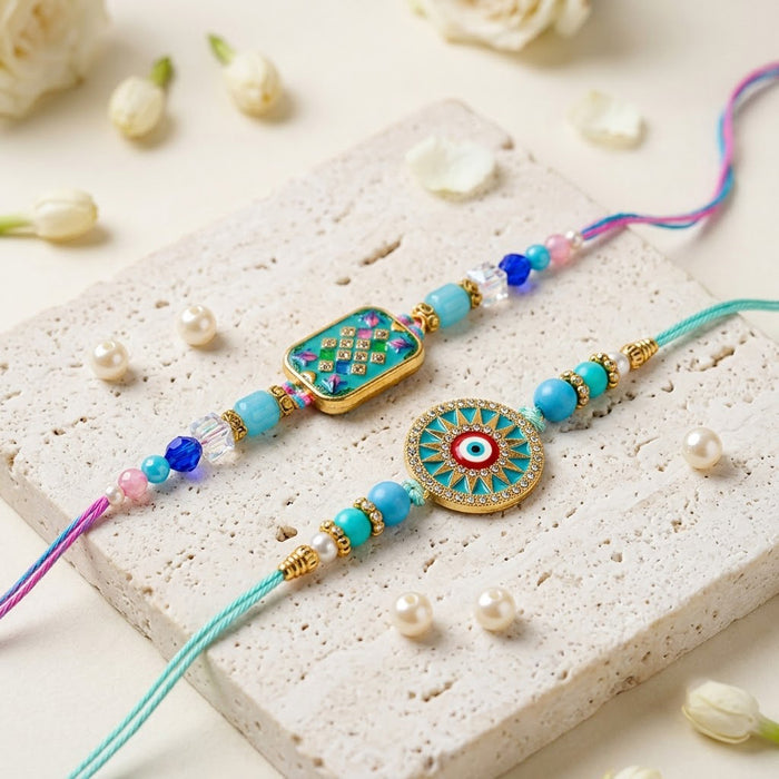 Turquoise Evil Eye and Meenakari Designer Rakhi (Set of 2)
