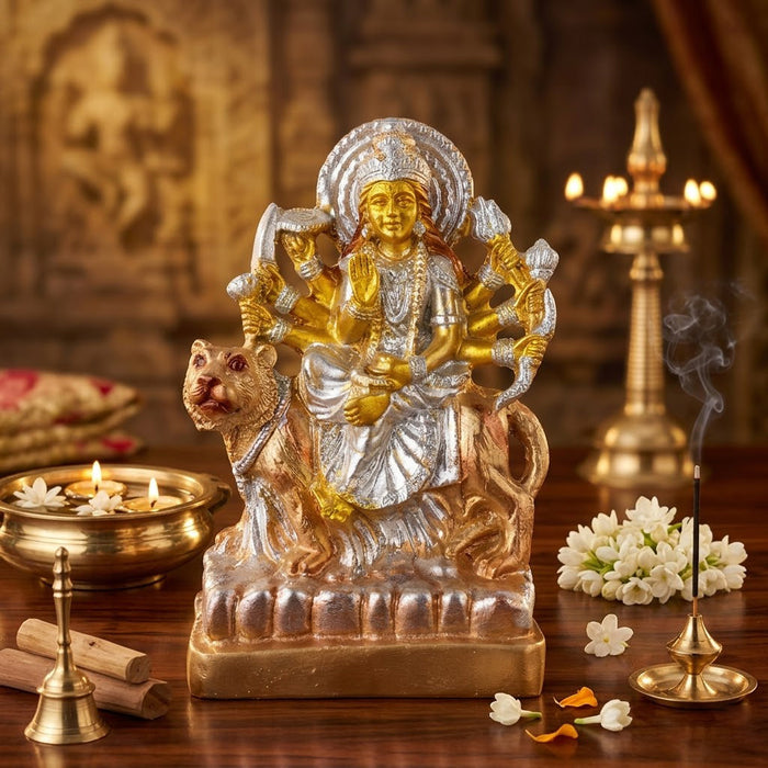 Premium Silver & Gold Sherawali Mata Resin Statue