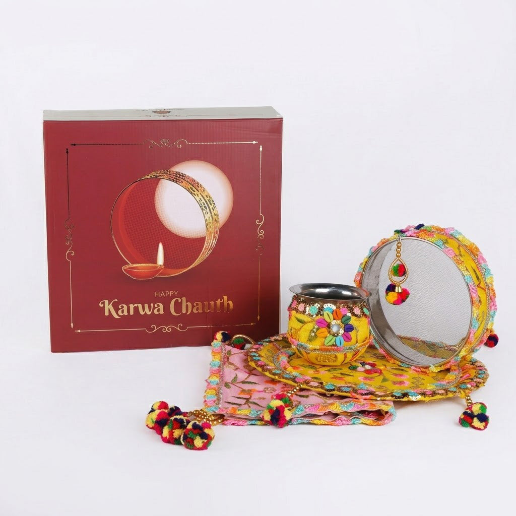 11 Pc Elegant Yellow & Pink Embroidery Karwa Chauth Thali Set