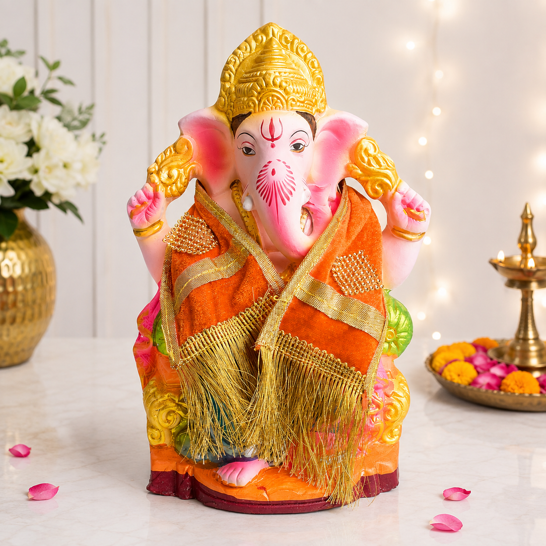 Orange Velvet Ganpati Idol Patka with Gold Lace 14 Inch