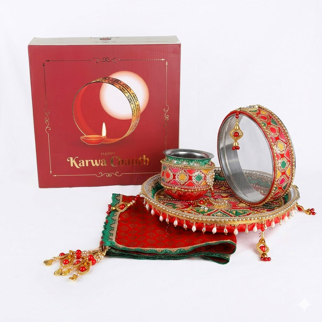 11 Pc Stunning Red Embroidery Karwa Chauth Thali Set
