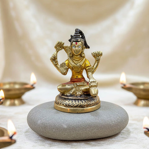 4 Inch Brass Chaturbhuj Shiva Ji Idol with four arms in a divine meditative posture, handcrafted with intricate detailing and traditional finish. No.1 Brass Idol Store www.satvikstore.in 