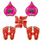 Pink & Red Stone Work Shubh Labh and Charan Paduka Set of 5