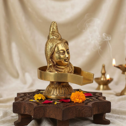 5.2 Inch Brass Lord Shiva Mukhalingam Shivling featuring intricate design and divine presence, perfect for pooja rituals, home mandir, and spiritual décor. No.1 Brass Idol Store www.satvikstore.in 