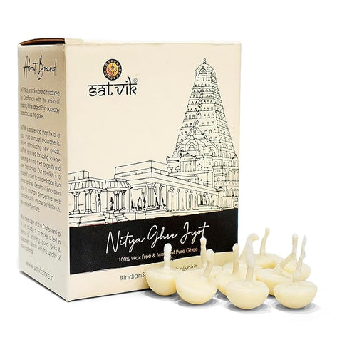 Pack of 50 Pure Ghee Diya Wicks (Wax Free), ideal for long aartis and sacred rituals. Handmade, natural, and eco-friendly for divine illumination. India’s Largest Pooja Accessories Brand – www.satvikstore.in